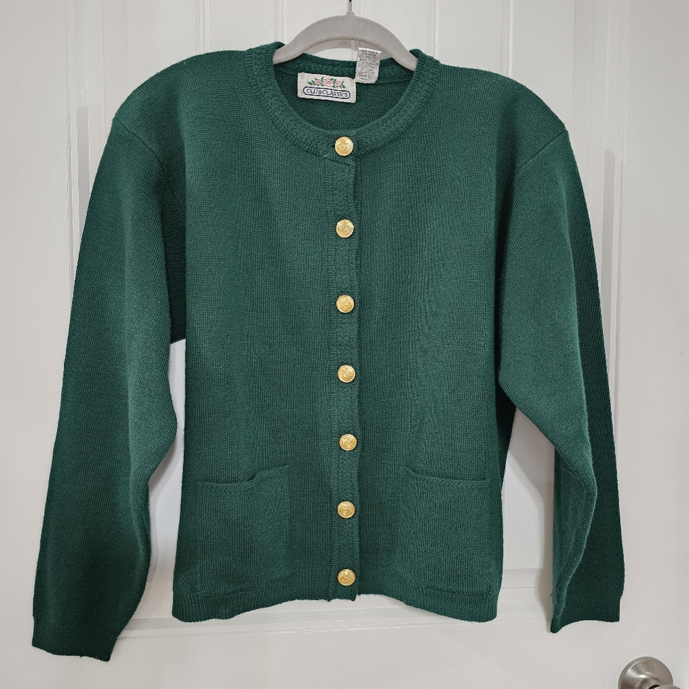 Vintage Club Classics Dark Green 100% Wool Button Down Sweater Size Large